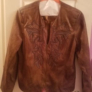 Reba Women Stud Embellished Faux Leather Suede Full Zip Cowgirl Western Jacket L